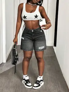 Women's High Waist Ripped Denim Shorts, Casual Vintage Light Wash Jeans, Elastic Hem Summer Daily Wear, Spring & Fall Fashion