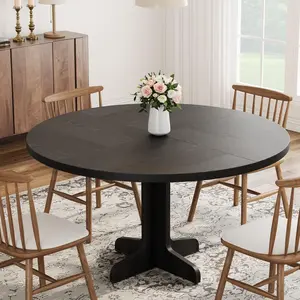 47" Round Black Farmhouse Dining Table - Wood Tabletop & Stable Base, Circle Kitchen Table for 4, Home Dining/Living Room (Table Only)