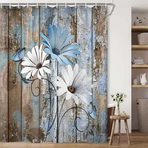 Flower Floral Shower Curtain, Rustic Blue Daisy Shower Curtain Set, Country Blue Wild Garden Plant Fabric Shower Curtain with Hooks, Brown Wooden Board Bathroom Curtain