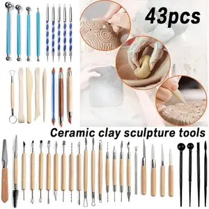 43 Pack Wooden Pottery & Ceramic Sculpting Set - Durable Carving Knives, Needle Tools, Flexible Silicone Pens & More for Clay Modeling, Art & Woodworking