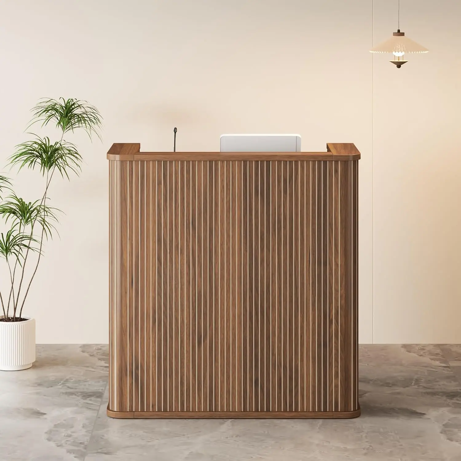 Walnut Durable Reception Desk - 42.1in Modern Counter Table with Fluted Round Corners, Collision-Safe Design, Office Partition, Sturdy Base, Easy Setup for Retail Space & Home Offices