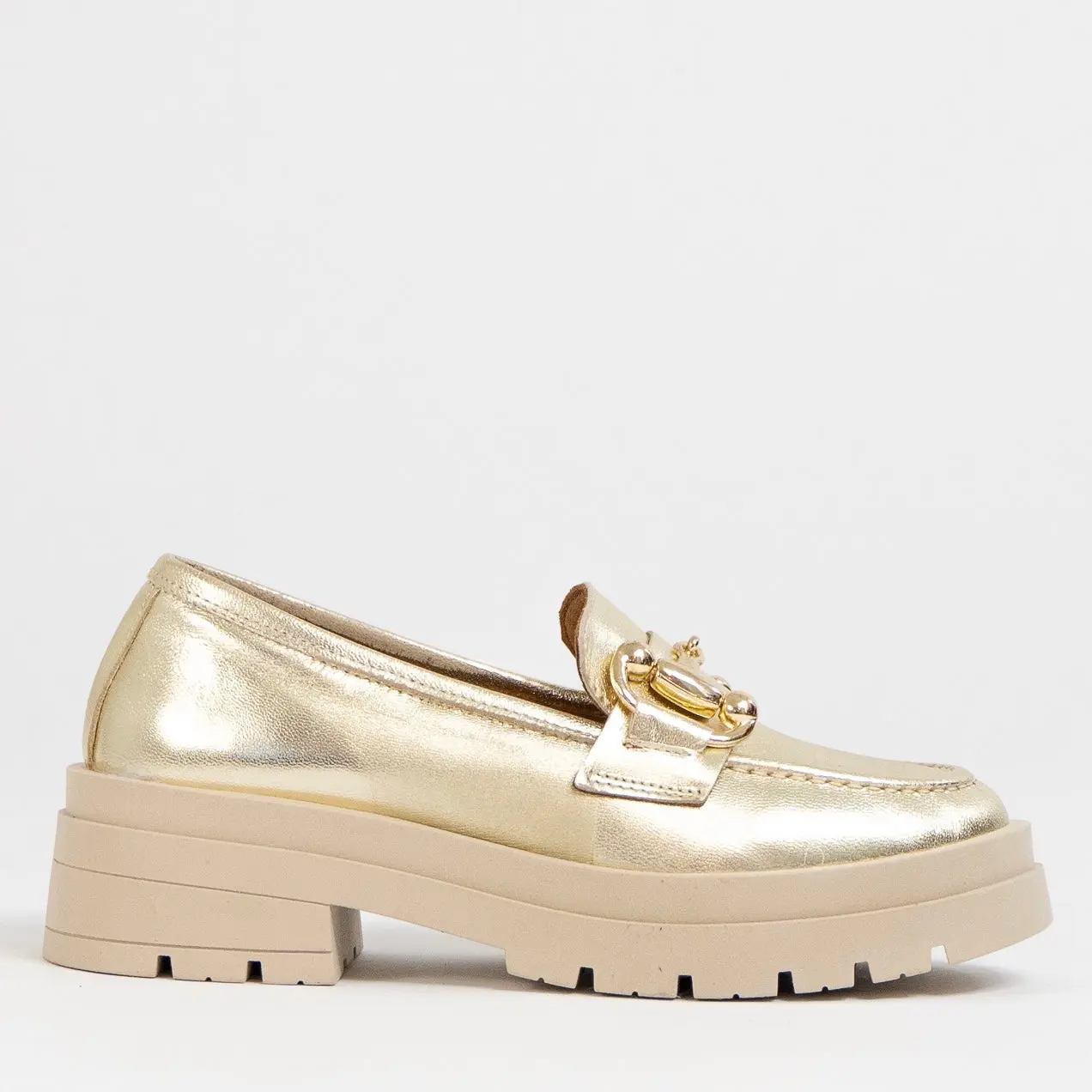 Gold Metallic Chunky Loafers | Solid Color Casual Shoes, Lightweight & Comfortable, Napa Leather with Rubber Lug Sole, Stylish Everyday Loafers, Made in Italy