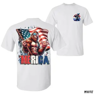 Merica Sasquatch T Shirt Armed Sasquatch USA Flag Graphic Patriotic Tee Classic Vintage Big Foot Mens Short Sleeve Cotton Round Neck Casual Shirt for 4th of July Cookouts Unisex