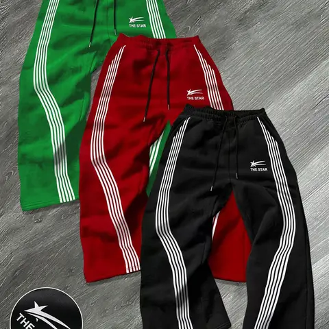 Men's Star Print Striped Trim Drawstring Waist Athleisure Sweatpants, Casual Sweatpants Style, Casual Comfy Regular Fit Jogger Pants for Daily Wear, Men's Trousers for All Seasons, Casual Sporty Trousers, Sports Bottoms