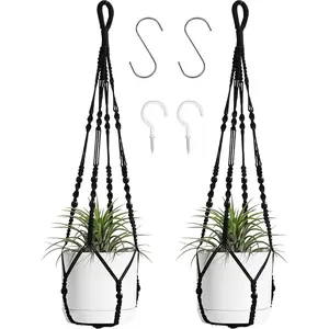 Macrame  Hanger Indoor  with  Beads Macrame Planters No Tassel for Indoor Outdoor Boho  Decor 35 Inch (Black,2pcs)