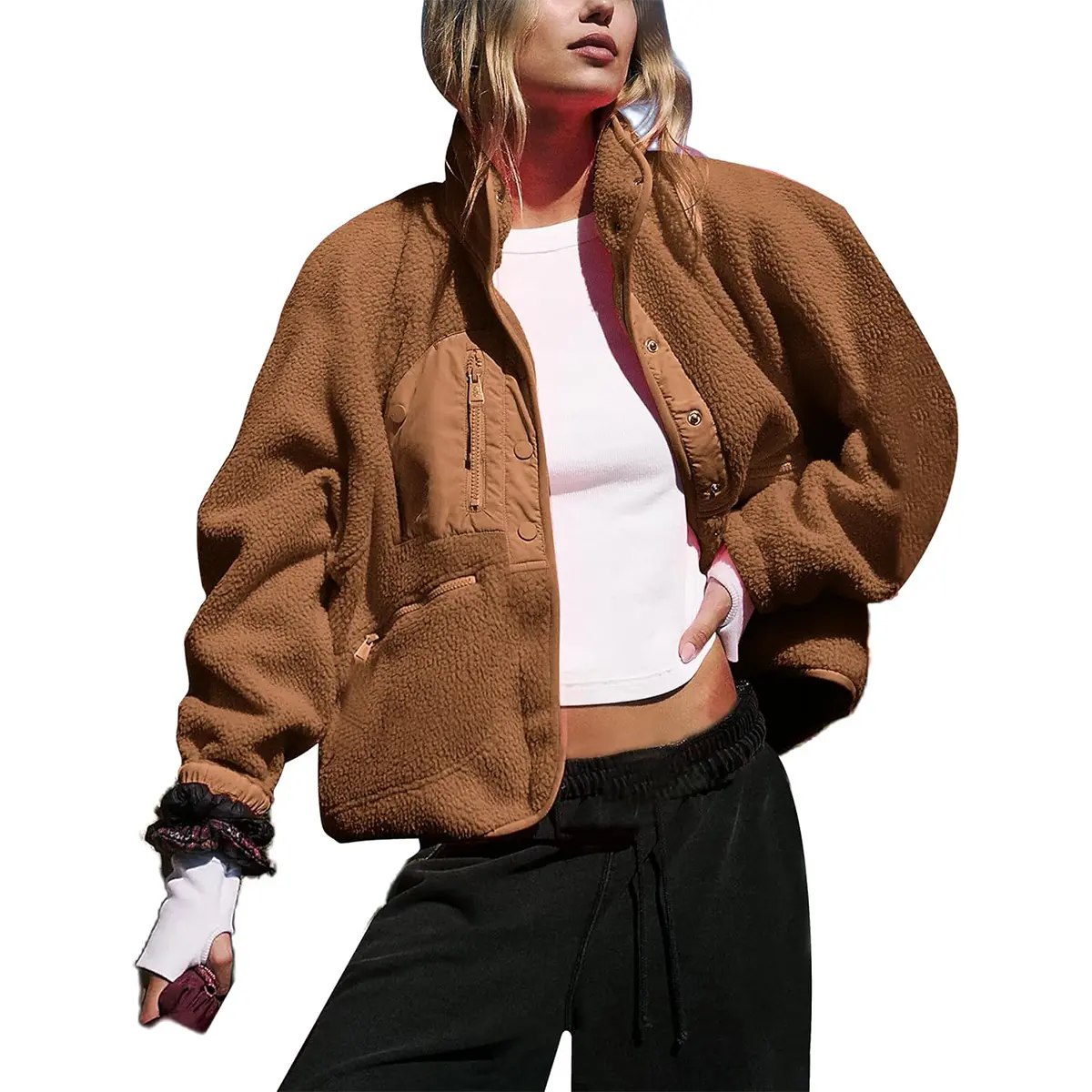 Bienmorn Women's Cropped Sherpa Fleece Shacket Button Down Fuzzy Jacket Casual Warm Winter Soft Cozy Outerwear with Pockets
