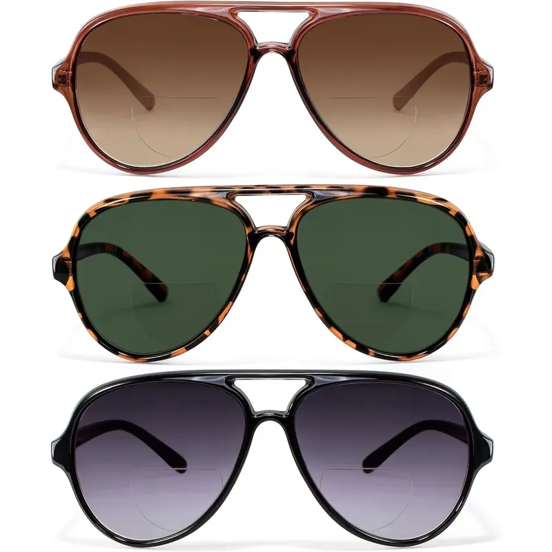 Unisex 3-Pack Classic Aviator Sunglasses - Trendy Styling, Modern Edge, UV400 Invisible Lenses, UV Protection, Assorted Brown/Tortoise/Black Frames, Female-Friendly, 18mm Nose Bridge, Lens Height: 48mm, Outdoor Use
