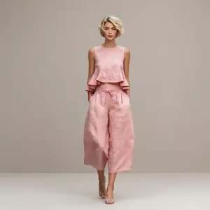 Women's 2026 Summer Sleeveless Blended Fabric 2-Piece Matching Set - Off-the-Shoulder Ruffled Women's 2-Piece Outfit, 2 Piece Sets