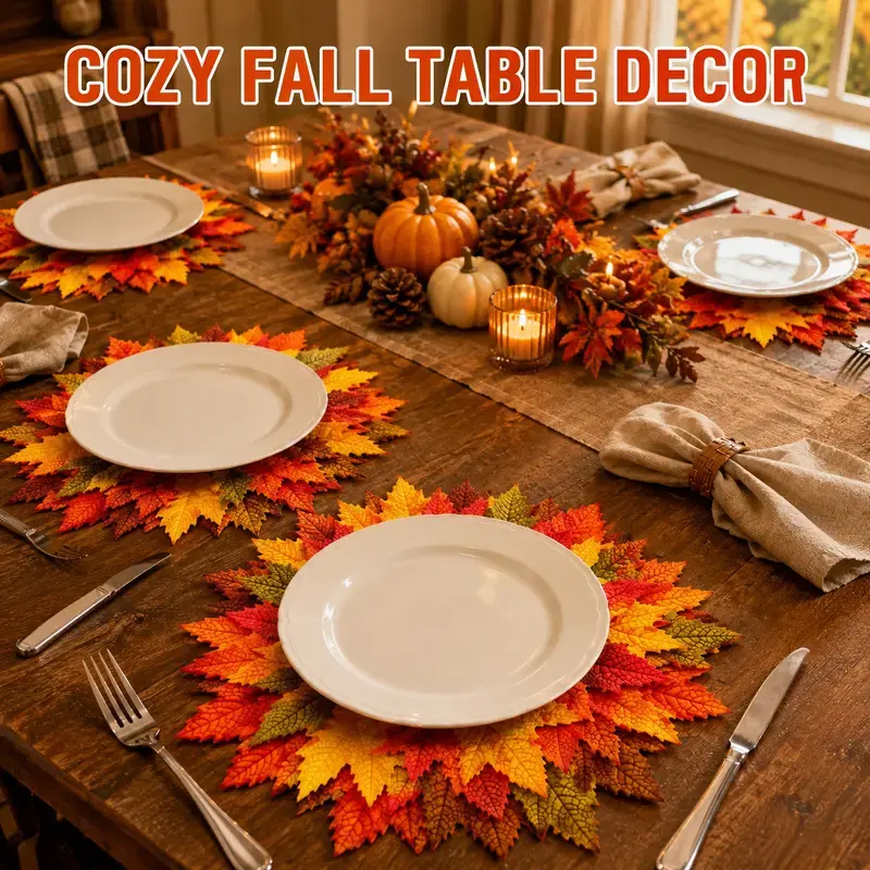 6PCS Fall Maple Leaf Placemats 15 Inch, Autumn Harvest Dining Table Mats Set of 6, Heat Resistant Washable Place Mats for Thanksgiving Holiday Dinner Party, Farmhouse Kitchen Table Decor Centerpiece, Festive Home Indoor Dining Room Decorations