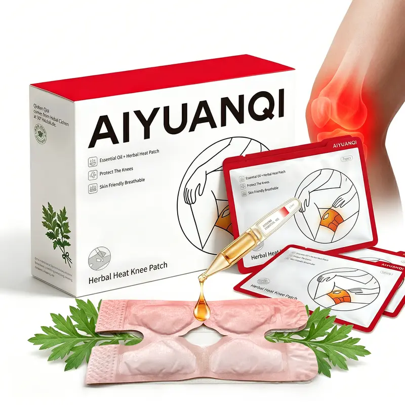 AIYUANQI Organic Cotton Mugwort-Ginger Herbal Knee Pain Therapy Patches - 2-Step Botanical Heating Pad Wrap, Thermal Warm Hot Compress Pad with Deep-Penetrating Mugwort & Ginger Oil, 4-6 Hours Relief for Youth Evening Running (1 Box/4 Packs Trial Pack)