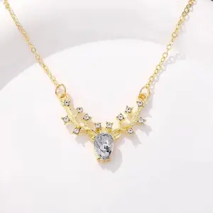 Women's Korean Fashion Little Deer Pendant Base Chain Necklace, 2026 Trending Lucky Zircon Antlers Collarbone Costume Jewelry Gift, Base Chain Necklaces