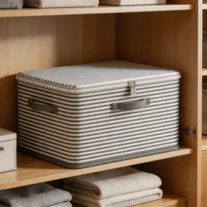 Foldable Striped Storage Box with Zipper Lid Large Capacity Home Closet Organizer