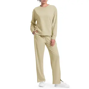 TBMPOY Womens 2 Piece Outfits Sweatsuit Lounge Set Tracksuits Long Sleeve Pullover Wide Leg Sweatpants Pockets Athletic