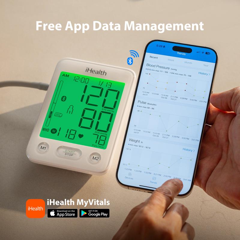 iHealth Bluetooth Blood Pressure Monitor with Large Cuff & Color-Coded Display, Dual Users 2*120 Readings, Automatica Upper Arm Blood Pressure Machine with Cloud Storage & Body Movement Detection, Portable Healthcare Kit