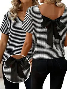 Women's Plus Size Back Bowknot Stripe Short Sleeve V-Neck Casual T-Shirt, Comfortable and Stylish Daily Wear Top for Ladies