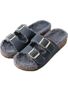 Roxoni Grey Feather Double Buckle Adjustable Straps Sandals