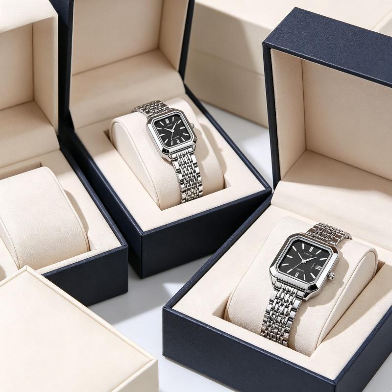 Silver-Tone Petite Rectangle Watch | Sleek Black Dial for Quiet Luxury Lovers