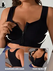 PLUS SIZE Women's Sports Shockproof Bra, Front Zipper No Underwire Bra,With Removable Pads, Seamless Top, Underwear for All Seasons