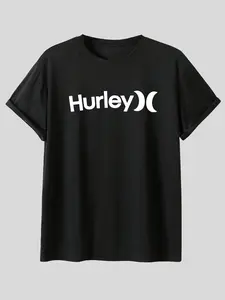 Hurley Letter Logo Print Short Sleeve T-Shirt, American Surf Style Loose Cotton Top, Casual Versatile Rolled Hem Sleeves