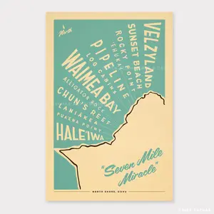 North Shore Oahu Surf Map - 12x18 Hawaii Travel Print