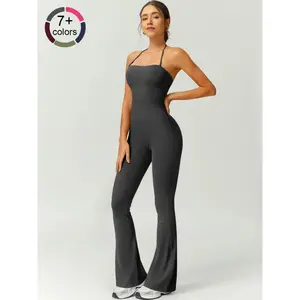 Women's Solid Color Flare Leg Sports Jumpsuit, Casual Comfy Breathable Jumpsuit for Yoga Gym Workout, Ladies Sportswear for Summer, Sportswear Jumpsuits