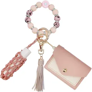 Silicone Key Ring Bracelets Wristlet Keychain Wallet with Net Chapstick Holder for Women