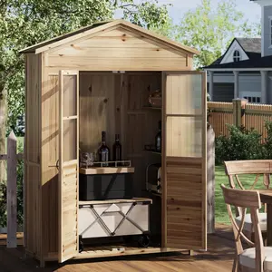 Patio Storage Shed, Wooden Outdoor Storage Cabinet with Weather-Resistant Roof, Garden Tools Shed with 6 Movable Shelves, Waterproof Roof, 4 Metal Stakes, 2 Anti-Falling Devices