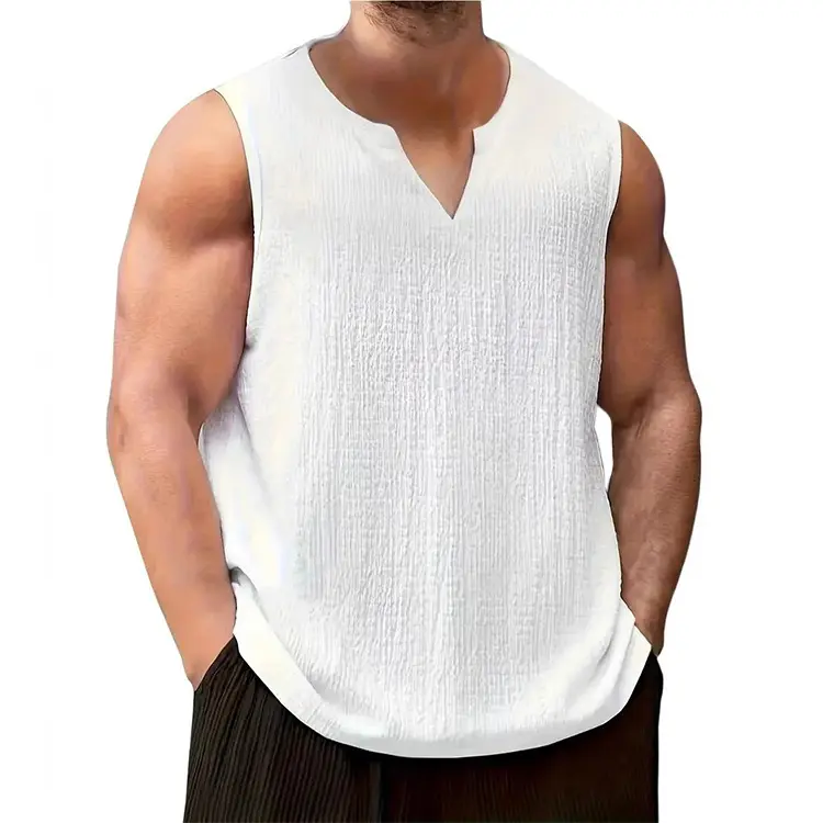 Men's Sleeveless V-Neck Top with Textured Design for Casual Wear White Jeans