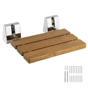 VEVOR Foldable Shower Seat Wall Mounted, 15.7" Teak Folding Shower Bench, 330LBS Fold-Down Bathroom Corridor Seat with Stainless Steel Frame for Adults Seniors, Waterproof & Easy-to-Clean
