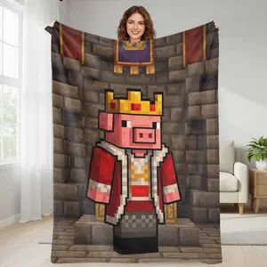 Pixel King Pig Flannel Blanket Royal Crown Character Print Soft Warm Cozy Lightweight Decorative Throw for Bedroom Living Room Gaming Space Gift