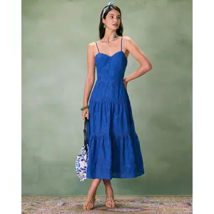 The Blue Sweetheart Neck Embroidery Slip Midi Dress