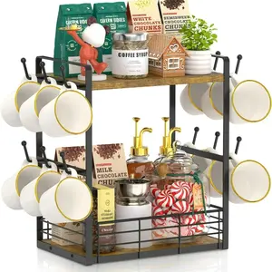 Coffee Mug Cup Holder Tree Bar Station Organizer for Countertop, Multi-Functional 2 Tier Mug Stand Rack for Kitchen, Storage Shelf with 12 Hooks