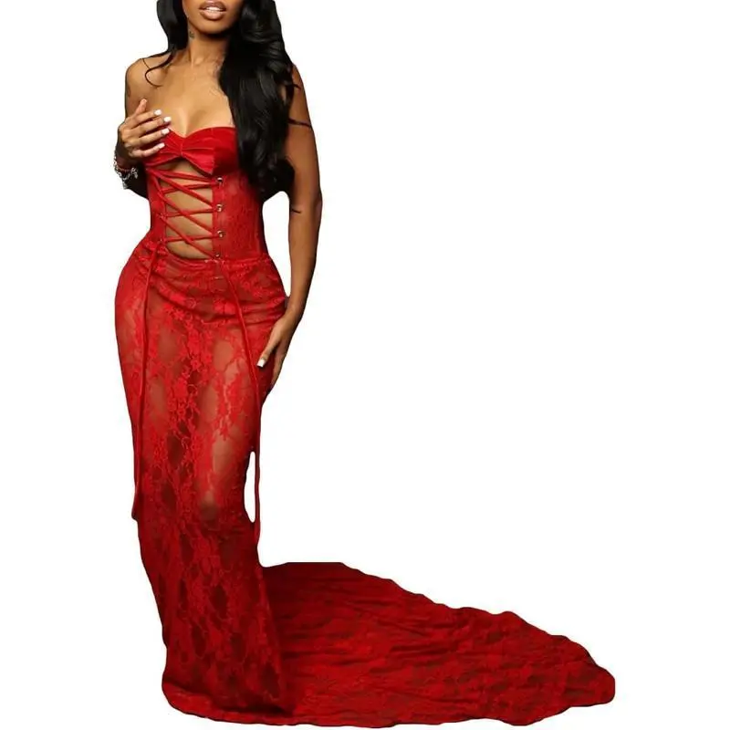 Women's Strapless Lace Dress Bodycon Mesh See Through Lace Up Corset Tube  Sheer MermaidMaxi Dresses Black Formal vacation dress - TikTok Shop