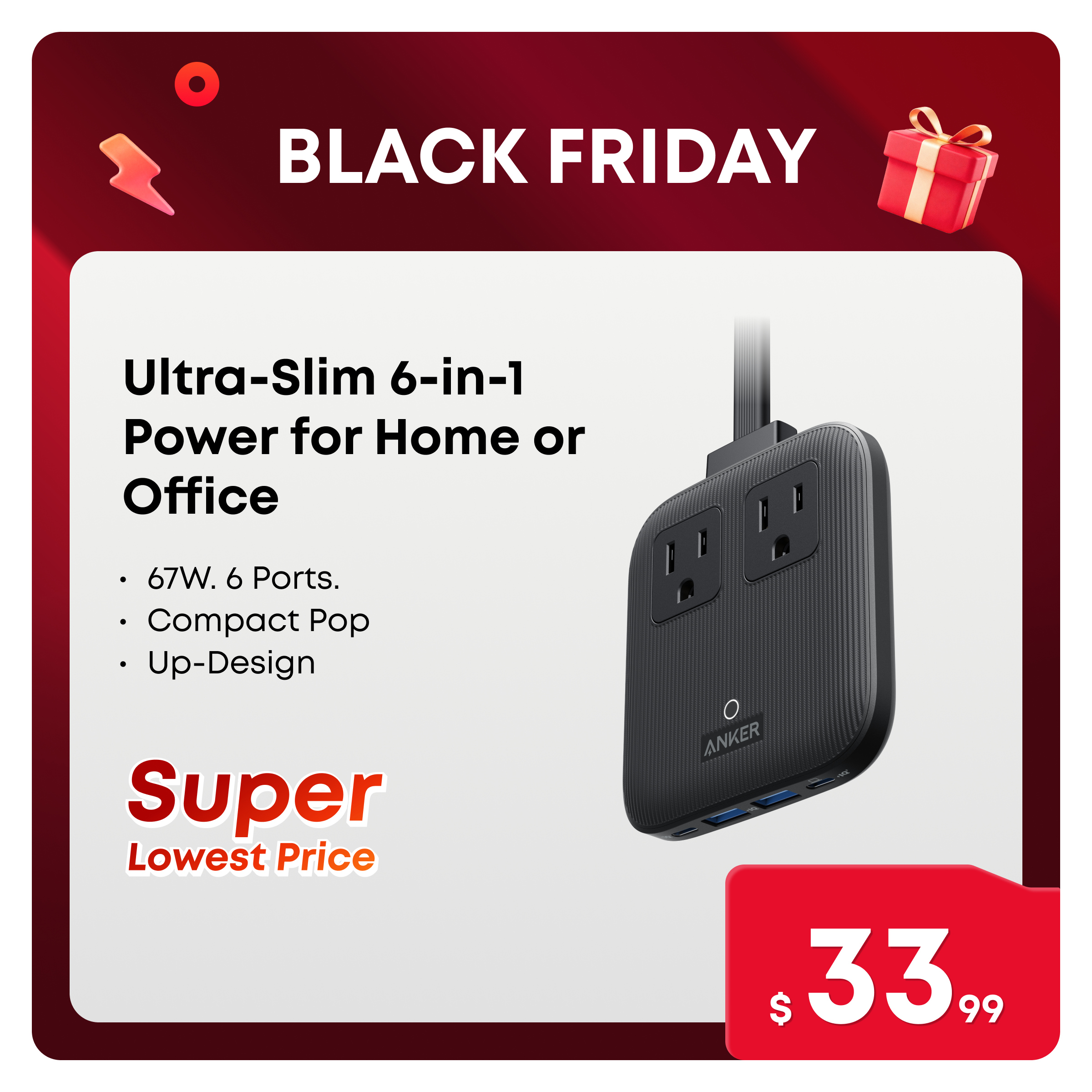 Anker Nano 6-in-1 67W USB-C Power Strip, Flat Plug and 5 ft Slim Cord, 2 AC, 2 USB-C, 2 USB-A, for iPhone 17 / 16 Series, MacBook, Perfect for Home