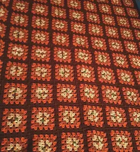 Vintage Handmade Crochet Afgan Granny Square Throw 44x40" Earth Toned