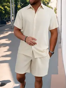 Men's Shirt Set Plain Striped Short Sleeve Casual Shirt Loose Beach Shorts Summer Streetwear, Men's Fashion