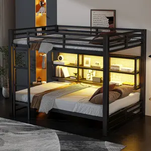 [Bellemave]Metal Queen over Queen Bunk Bed with Storage Cabinets and LED, Black    RR
