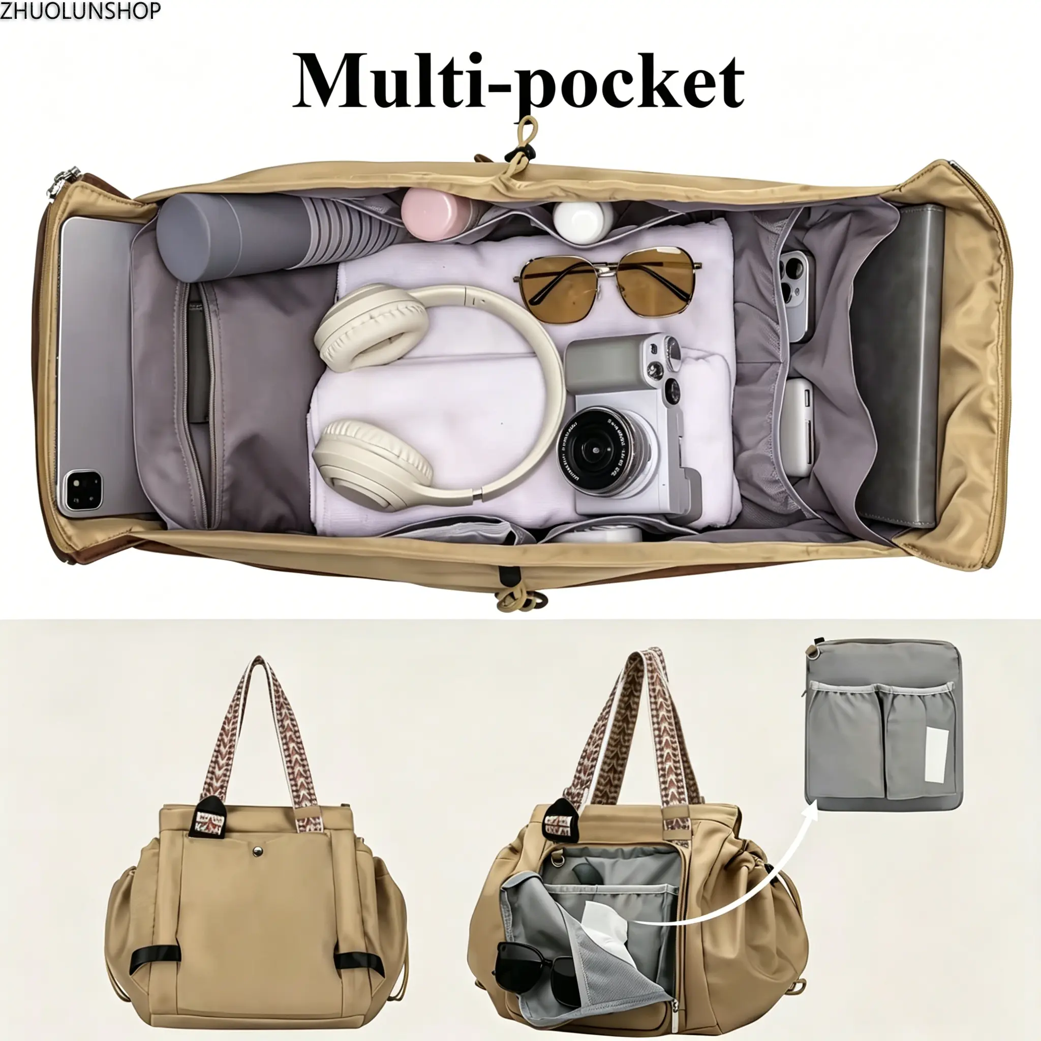 Convertible Tote Backpack, 15 Pockets Large Capacity Shoulder Bag, Water-resistant Travel Crossbody Bag with Luggage Sleeve & Detachable Pouch, Versatile Work Commute Gym Bag for Women