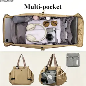 Convertible Tote Backpack, 15 Pockets Large Capacity Shoulder Bag, Water-resistant Travel Crossbody Bag with Luggage Sleeve & Detachable Pouch, Versatile Work Commute Gym Bag for Women