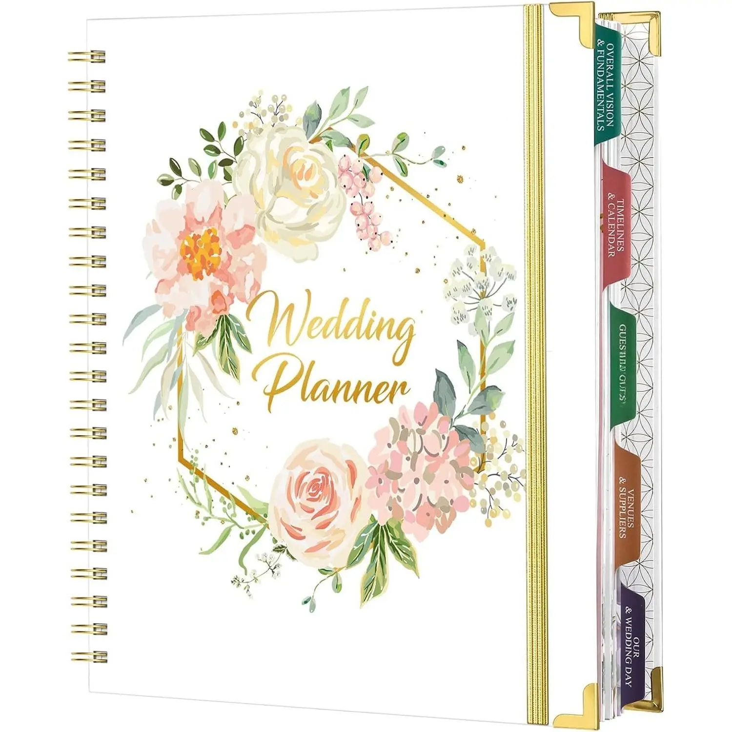 Wedding Planner - Wedding Planner Book and Organizer for the Bride with 5 Tabbed Sections, 9" x 11.9", Hardcover with Metal Corner + 5 Inner Pockets + Sticker + Elastic Closure Band - Floral
