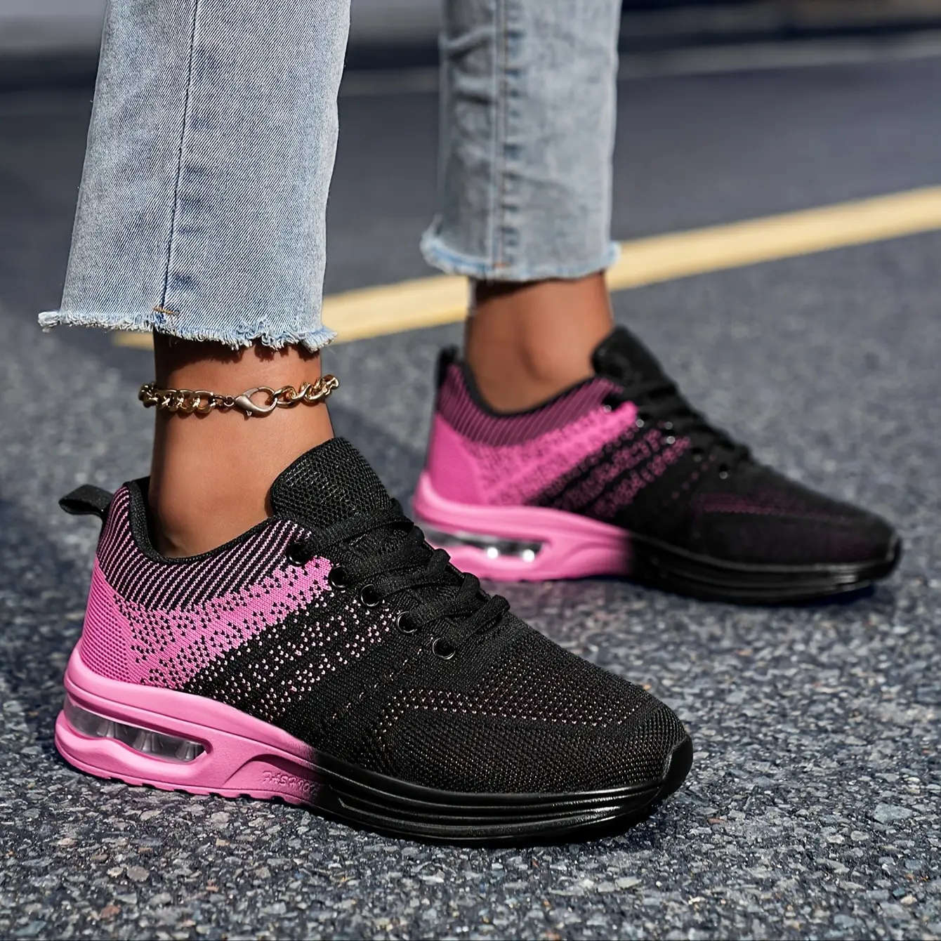 Women's Casual Sporty Lightweight Athletic Knit Sneakers - Low-Top Lace-Up, Air Cushion, EVA Sole, Geometric Pattern, Washable, All-Season Comfort, Pink & Black Gradient Upper, Everyday Wear, Casual Sporty Sneakers, Lightweight Athletic Sneakers
