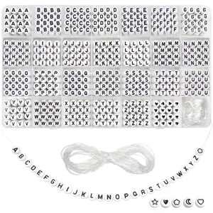 1440 count White Round Letter Beads 4x7mm  Alphabet Beads Black Letter A to Z   Heart Bead with Elastic String Cords for DIY  Making Bracelets Necklaces Key Chains