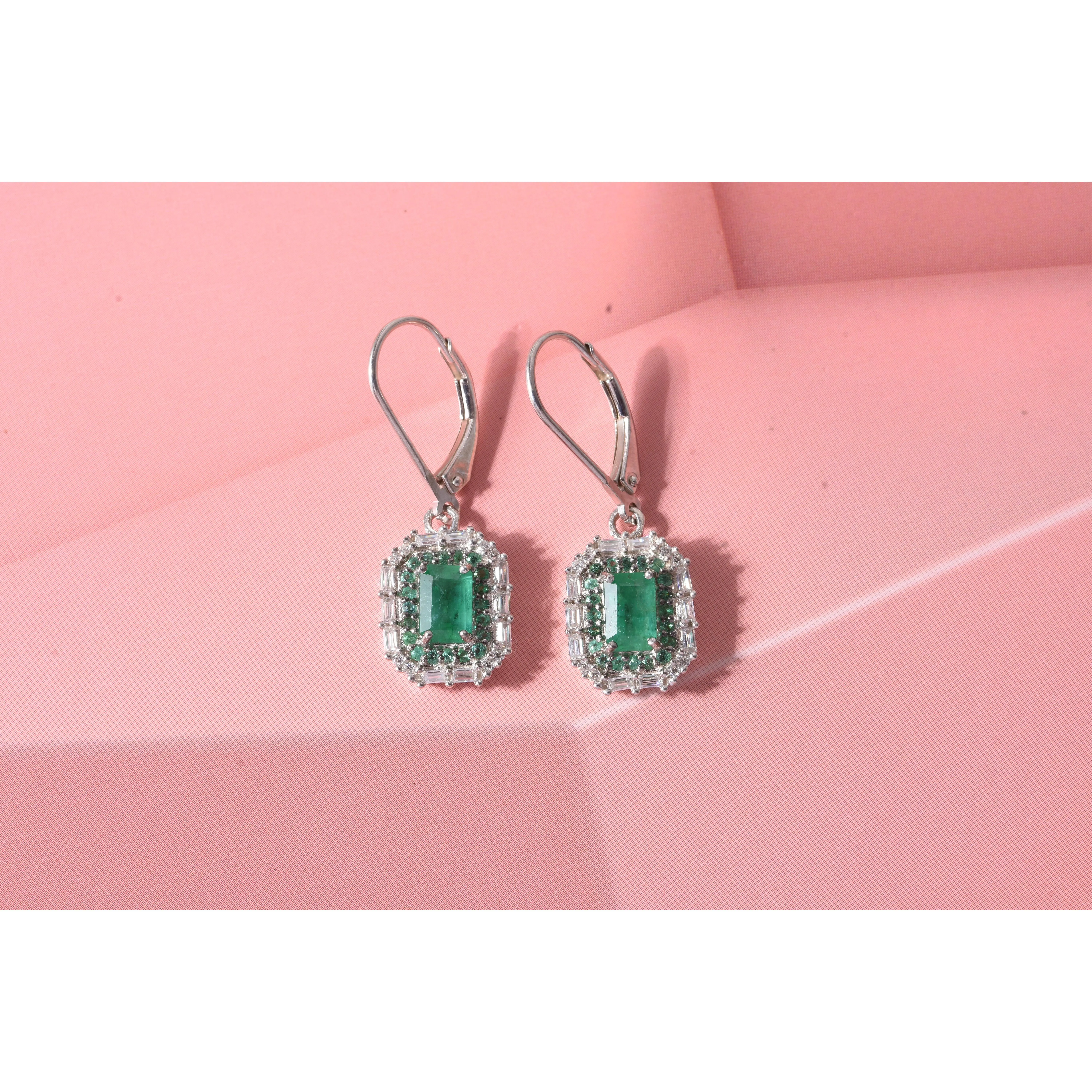 D'Joy Premium Kagem Zambian Emerald and Moissanite 3.10 ctw Earrings in Rhodium Over Sterling Silver