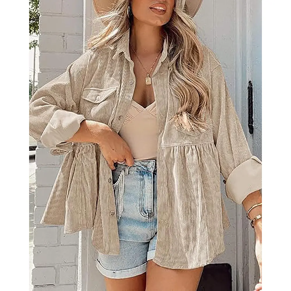 PiePieBuy Women's Collared Corduroy Shacket Coat - Oversized Boyfriend Button-Down Tops, Basic Solid Lightweight Casual Tunic Blouse with Pocket, Fitted Long Sleeve Design