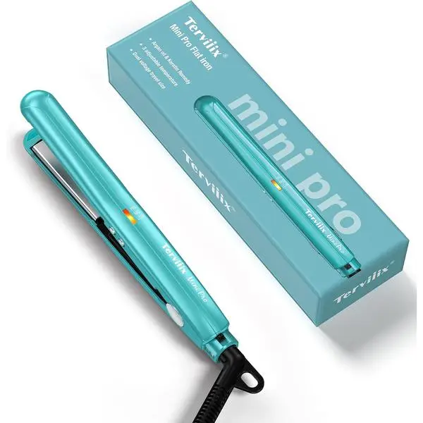 Terviiix Mini Flat Iron, Dual Voltage Travel Hair Straightener, Cyan | Adjustable Temp, For Short Hair, Curls Bangs, Edges and Pixie Cuts, Men Beard, Ceramic, 0.5 Inch