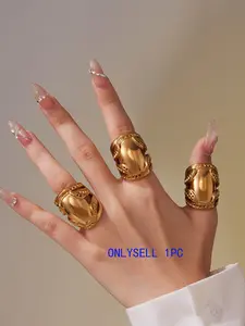 Stainless Steel Wide Hollow Out Geometric Design Ring, Pvd Plated Fashion Unisex Accessory, Street Style Old Money Look