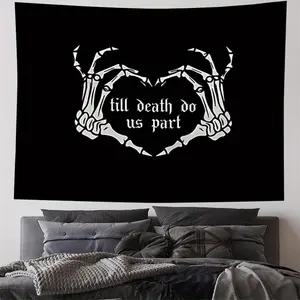 Gothic Romance Skeleton Hands 'Till Death Do Us Part' Tapestry Wall Hanging - Peach Light Beige Fabric, Black & White Gothic Decor for Bedroom, Dorm, Wedding - 40*60INCH, Easy to Hang boys and girls room decor