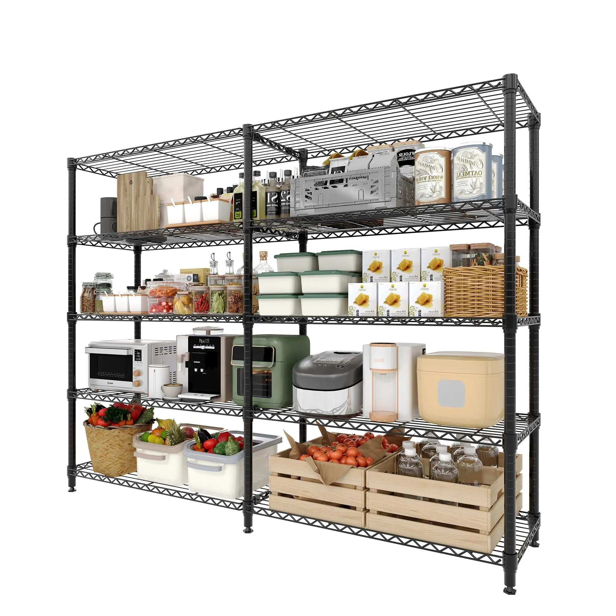 5-Tier Storage Shelving Unit Metal Shelves 59" W Wire Shelving, 70" H L-Shaped Pantry Shelves Kitchen Storage Shelves for Home Commercial Garage Heavy Duty, 70.5" H x 59" W x 13.8" D