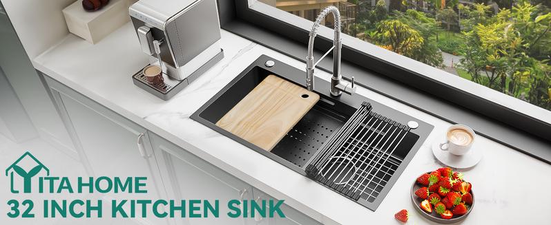 YITAMOTOR Kitchen Sink Gunmetal Black Stainless Steel Drop-In Sinks 32" x 18" x 10" with Accessories, 3mm Edge, R10 Round Arc Design, and Honeycomb Surface Treatment