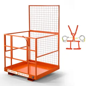 Forklift Safety Cage, 48.2 x 45.2 Inch, Heavy Duty Man Basket With 1400 Lbs Load Capacity, Collapsible Work Platform Lift Basket, Safety Harness And Lock, Compatible With Most Aerial Lifts